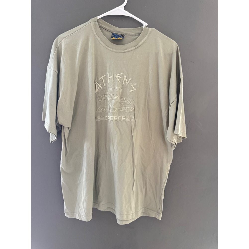 Vintage Malu Athens Parthenon Greece Embroidered T-Shirt XXL Green Travel Tee